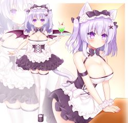 Rule 34 | 1girl, animal ear fluff, animal ears, apron, bare shoulders, black bow, black bowtie, black dress, black footwear, blush, bow, bowtie, breasts, cat ears, cat girl, cat tail, cherry, cleavage, closed mouth, commentary request, dress, drinking straw, food, frilled apron, frills, fruit, hair between eyes, hair bow, hair ornament, highres, holding, holding tray, large breasts, leaning forward, multiple views, original, parted lips, purple eyes, purple hair, purple wings, shikito (yawa0w0), shoes, star (symbol), star hair ornament, tail, thighhighs, tray, two side up, waist apron, white apron, white thighhighs, wings, zoom layer