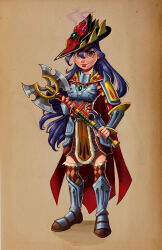 Rule 34 | 1girl, absurdres, argyle, argyle clothes, argyle legwear, armor, armored boots, axe, balmung (runescape), blue hair, boots, cape, chrissie zullo, commentary, commission, cowboy shot, dang (runescape), duellist&#039;s cap (tier 6), english commentary, fantasy, fingerless gloves, fire, full body, gloves, hat, highres, holding, holding weapon, lipstick, long hair, looking at viewer, makeup, orange eyes, original, paper background, plate armor, procreate (medium), purple fire, red lips, runescape, second-party source, simple background, solo, thick eyebrows, toon (style), weapon