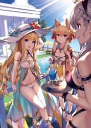 Rule 34 | 3girls, :d, akanagi youto, arm support, arm up, azur lane, bare legs, bare shoulders, belfast (azur lane), bikini, black bikini, blonde hair, blue bow, blue eyes, blue sky, bow, braid, breasts, building, cherry, cleavage, cloud, column, commentary request, cup, day, drinking glass, drinking straw, fang, feet out of frame, flower, food, french braid, fruit, hair between eyes, hair ribbon, hairband, hand on headwear, hat, hat bow, hat flower, hibiscus, highres, holding, holding tray, large breasts, light rays, long hair, looking at another, multiple girls, navel, open mouth, outdoors, pillar, pointy hair, pool, portrait, profile, queen elizabeth (azur lane), railing, red flower, red ribbon, ribbon, sandals, silver hair, sky, small breasts, smile, standing, stomach, sun hat, swimsuit, table, thighs, tray, tree, umbrella, warspite (azur lane), white bikini, white headwear, window, wristband, yellow flower