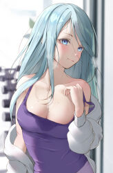 Rule 34 | 1girl, absurdres, blue eyes, blue hair, blush, breasts, breath, cleavage, collarbone, commentary, dumbbell, grey jacket, highres, hinomori shizuku, jacket, light blue hair, light smile, long hair, medium breasts, mole, mole under mouth, off shoulder, pants, project sekai, purple pants, purple tank top, sharc, solo, sweat, sweat stain, sweaty clothes, tank top, weight rack