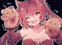 Rule 34 | 1girl, ;d, animal ears, armor, bare shoulders, black background, breasts, cerberus (shingeki no bahamut), collar, collarbone, detached sleeves, dog ears, granblue fantasy, hair between eyes, hand puppet, large breasts, long hair, one eye closed, open mouth, puppet, red armor, red eyes, red hair, ribbon, shiina kimagure, shingeki no bahamut, smile, twintails