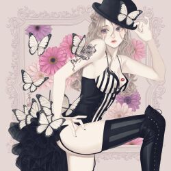 Rule 34 | 1girl, absurdres, arm tattoo, black corset, black footwear, black hat, black thighhighs, boots, breasts, bug, butterfly, closed mouth, corset, cowboy shot, flower, flower tattoo, foot up, from side, hand on headwear, hand on own hip, hand up, hat, highres, insect, lipstick mark, long hair, looking at viewer, looking to the side, medium breasts, nail polish, original, purple eyes, purple flower, solo, striped clothes, striped corset, striped thighhighs, tattoo, thigh boots, thighhighs, ushiyama ame, vertical-striped clothes, vertical-striped thighhighs