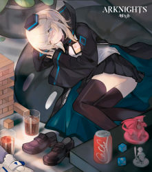 Rule 34 | 1girl, alpaca carlesi, arknights, black hat, black skirt, black thighhighs, blonde hair, blue eyes, can, coca-cola, commentary, copyright name, dice, dragon, drink, drink can, durin (arknights), english commentary, glass, hat, highres, jacket, jenga, long hair, long sleeves, lying, miniature, octahedron, one eye closed, plant, pleated skirt, pointy ears, potted plant, shoes, skirt, sleeves past wrists, soda can, solo, table, thighhighs, unworn shoes