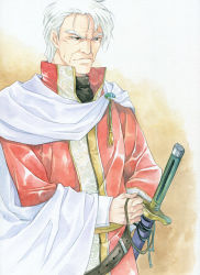 Rule 34 | 1boy, agahari, bad id, bad pixiv id, cape, fire emblem, fire emblem: mystery of the emblem, gradient background, jagen, male focus, manly, nintendo, old, old man, solo, sword, traditional media, weapon, white hair
