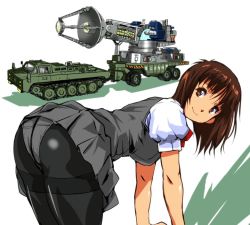 Rule 34 | 1girl, all fours, armored vehicle, artillery, ass, brown eyes, brown hair, cannon, caterpillar tracks, closed mouth, commentary, crotch seam, directed-energy weapon, energy cannon, energy weapon, godzilla (series), godzilla vs. gigan, grey skirt, grey vest, japan ground self-defense force, japan self-defense force, kamisimo 90, looking at viewer, maser cannon, military, military vehicle, motor vehicle, original, panties, panties under pantyhose, pantyhose, platform, pleated skirt, red neckwear, school uniform, shirt, short hair, short sleeves, skirt, tank, the war of the gargantuas, thighband pantyhose, toho, turret, type 66 maser beam tank, underwear, uniform, vest, wheel, white shirt