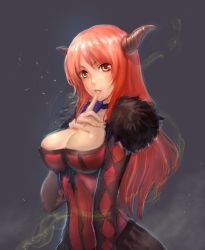 Rule 34 | 10s, 1girl, argyle, breasts, choker, cleavage, finger to mouth, fur trim, hand on own chest, horns, lalan fengchu, large breasts, long hair, maou (maoyuu), maoyuu maou yuusha, matching hair/eyes, orange eyes, orange hair, solo