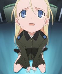 Rule 34 | 1girl, antenna hair, blonde hair, blue eyes, elise von dietrich, flat chest, forehead, long hair, looking up, military, military uniform, screencap, shoes, shorts, sky girls, socks, solo, stitched, third-party edit, uniform