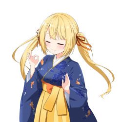 Rule 34 | 1girl, :d, ?, absurdres, animal print, blonde hair, blue kimono, blush, breasts, closed eyes, commentary, english commentary, felutiahime, fish print, floral print, hair ribbon, hakama, highres, hololive, hololive english, japanese clothes, kimono, long hair, long sleeves, ok sign, open mouth, print kimono, red ribbon, ribbon, simple background, smile, solo, spoken question mark, upper body, virtual youtuber, watson amelia, watson amelia (new year), white background, yellow hakama