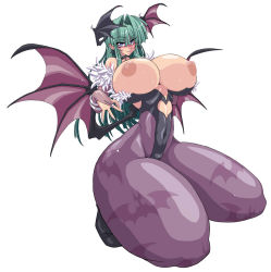 Rule 34 | 1girl, aqua hair, bare shoulders, breasts, breasts out, capcom, curvy, demon girl, demon wings, detached sleeves, earrings, female focus, gloves, great magami, highres, huge breasts, jewelry, kneeling, long hair, morrigan aensland, nipples, pantyhose, puffy nipples, purple eyes, shoes, simple background, smile, solo, sweat, thick thighs, thighs, vampire (game), white background, wings