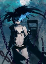 Rule 34 | 1girl, absurdres, belt, belt buckle, bikini, bikini top only, bikini under clothes, black bikini, black choker, black coat, black hair, black rock shooter, black rock shooter (character), black shorts, blue eyes, buckle, choker, closed mouth, coat, collarbone, flaming eye, flat chest, floating hair, front-tie bikini top, front-tie top, frown, grey belt, hair between eyes, highres, icy02, long hair, looking at viewer, navel, open clothes, open coat, scar, short shorts, shorts, solo, spaghetti strap, standing, strap gap, swimsuit, twintails