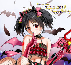 Rule 34 | 1girl, 2019, artist name, artist request, bare shoulders, bat (animal), big head, black hair, blush, bow, curled horns, demon girl, demon horns, demon tail, demon wings, elbow gloves, female focus, fishnet thighhighs, fishnets, floral print, flower, gloves, grey wings, hair between eyes, hair bow, hair flower, hair ornament, hand up, heart, heart tattoo, highres, horns, looking at viewer, love live!, love live! school idol festival, love live! school idol project, midriff, navel, pink flower, pink gloves, pink rose, pleated skirt, polearm, polka dot, polka dot bow, print skirt, purple flower, purple rose, red bow, red eyes, red flower, red rose, red skirt, rose, rose print, sidelocks, skirt, smile, solo, striped clothes, striped gloves, tail, tattoo, thighhighs, tiara, trident, twintails, vertical-striped clothes, vertical-striped gloves, weapon, wings, yazawa nico