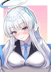 Rule 34 | 1girl, blue archive, blue necktie, blunt bangs, blush, border, breasts, closed mouth, collared shirt, commentary request, dotan art, halo, head tilt, highres, jacket, large breasts, long hair, looking at viewer, mechanical halo, necktie, noa (blue archive), off shoulder, outside border, pov, purple eyes, shirt, sidelocks, smile, solo, twitter username, upper body, vest, white border, white hair, white jacket, white shirt, white vest
