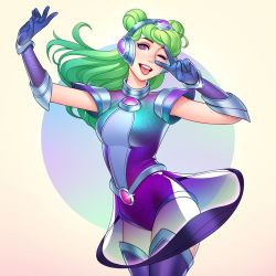 Rule 34 | 1girl, arm up, armor, blue background, blue gloves, boots, breasts, cowboy shot, double bun, dress, floating hair, gloves, green hair, hair bun, hand up, headgear, large breasts, league of legends, leotard, long hair, looking at viewer, lux (league of legends), one eye closed, open mouth, pink eyes, purple gloves, see-through, shoulder armor, smile, solo, space groove lux, teeth, thigh boots, thighhighs, tongue, tongue out, transparent skirt, tsuaii, upper teeth only, v, white background