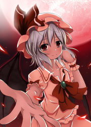 Rule 34 | 1girl, adjusting hair, bat wings, blush, brooch, female focus, full moon, hat, hat ribbon, jewelry, light purple hair, moon, outstretched arm, outstretched hand, red eyes, red moon, red theme, remilia scarlet, ribbon, short hair, smile, solo, tera-gateway, touhou, wings, wrist cuffs