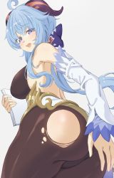 Rule 34 | 1girl, absurdres, ahoge, ass, back, backless outfit, black legwear, black leotard, blue hair, blush, bodystocking, bodysuit, bow, breasts, detached sleeves, embarrassed, from behind, from below, ganyu (genshin impact), genshin impact, highres, holding, holding paper, horns, leotard, leotard under clothes, long hair, looking at viewer, low ponytail, medium breasts, no gloves, o-los, open mouth, paper, purple eyes, sidelocks, solo, thighs, torn clothes, torn legwear, wavy mouth, white sleeves
