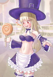 Rule 34 | 1girl, apron, blonde hair, blush, bra, candy, capcom fighting jam, choker, commentary request, detached sleeves, food, frilled apron, frilled bra, frilled skirt, frilled sleeves, frilled thighhighs, frills, hat, highres, ingrid (capcom), lollipop, long hair, midnight bliss, open mouth, purple bra, purple sleeves, red eyes, ribbon choker, schiff o3o, skirt, solo, thighhighs, top hat, underwear, white thighhighs