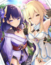 Rule 34 | 2girls, absurdres, armor, armpits, bare shoulders, black legwear, blonde hair, blurry, blurry background, blush, braid, breasts, bridal gauntlets, cleavage, closed mouth, commentary request, detached sleeves, dress, falling petals, floral print, flower, genshin impact, gloves, hair between eyes, hair flower, hair ornament, highres, japanese clothes, kimono, kiri celea, large breasts, long hair, long sleeves, looking at viewer, lumine (genshin impact), mitsudomoe (shape), mole, mole under eye, multiple girls, nail polish, obi, obiage, obijime, open mouth, petals, photo (medium), purple eyes, purple flower, purple hair, purple legwear, purple nails, raiden shogun, ribbon, sash, short hair with long locks, shoulder armor, smile, tassel, thighhighs, tomoe (symbol), v, white dress, wide sleeves, yellow eyes