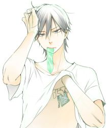 Rule 34 | 1boy, artist request, black hair, blush, clothes lift, condom, condom in mouth, hand on head, looking at viewer, male focus, mouth hold, shirt lift, solo, tagme, undressing, yowamushi pedal