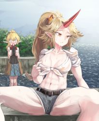 Rule 34 | 2girls, abs, alternate costume, behind another, belt, blonde hair, blood, blue shorts, blush, breasts, clothes pull, collarbone, constricted pupils, contemporary, cropped shirt, cup, day, denim, denim shorts, excessive nosebleed, furrowed brow, gluteal fold, green eyes, high ponytail, horizon, horns, hoshiguma yuugi, long hair, looking at another, looking to the side, medium breasts, midriff, mizuhashi parsee, multiple girls, navel, nose blush, nosebleed, ocean, oni, outdoors, pointy ears, pulled by self, red eyes, shirt, shirt pull, short shorts, short sleeves, shorts, single horn, sitting, skirt, slit pupils, solo focus, spread legs, standing, stomach, summer, sunnysideup, sweat, thighs, tied shirt, toned, touhou, turtleneck, water, yuri