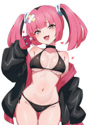 Rule 34 | 1girl, bikini, black bikini, black jacket, breasts, coral (pokemon), creatures (company), crossed bandaids, fang, game freak, gluteal fold, grey eyes, highres, jacket, jacket partially removed, kamidan, long hair, medium breasts, nintendo, open clothes, open jacket, pink hair, pokemon, pokemon (anime), pokemon horizons, simple background, skin fang, sleeves past fingers, sleeves past wrists, solo, standing, swimsuit, thigh gap, white background