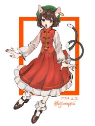 Rule 34 | 1girl, :o, animal ear piercing, animal ears, bobby socks, brown eyes, brown hair, cat ears, cat tail, chen, commentary request, dated, earrings, fang, flat chest, frills, full body, gold trim, green hat, hat, highres, jewelry, kijima (amayadori-tei), long sleeves, looking at viewer, mob cap, multiple tails, nail polish, nekomata, open mouth, petticoat, puffy long sleeves, puffy sleeves, red nails, red skirt, red vest, short hair, simple background, single earring, skirt, skirt set, socks, solo, tail, touhou, two tails, vest, white background