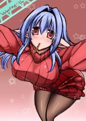 Rule 34 | 1girl, ashling (no-plan), blue hair, breasts, female focus, food, highres, kawasumi (ashling), large breasts, leaning forward, long hair, mouth hold, original, pantyhose, pointy ears, red eyes, ribbed sweater, solo, standing, sweater, turtleneck, valentine