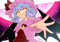 Rule 34 | 1girl, ascot, bat wings, black wings, blue hair, collared shirt, commentary request, foreshortening, frilled shirt collar, frills, hat, hat ribbon, highres, long sleeves, looking at viewer, medium hair, mob cap, moon, open mouth, orange eyes, pink hat, pink shirt, qqqrinkappp, reaching, reaching towards viewer, red ascot, red ribbon, remilia scarlet, ribbon, shirt, smile, solo, touhou, traditional media, upper body, wings