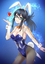 Rule 34 | 1girl, animal ears, blowing kiss, blue background, blue eyes, blue leotard, bow, bowtie, breasts, cleavage, coattails, commentary request, covered erect nipples, cowboy shot, detached collar, fishnet pantyhose, fishnets, glasses, granblue fantasy, highleg, highleg leotard, highres, illnott, jacket, leotard, long hair, medium breasts, orange bow, orange bowtie, pantyhose, playboy bunny, ponytail, rabbit ears, rabbit tail, see-through, see-through jacket, side-tie leotard, solo, strapless, strapless leotard, tail, wangxiang qingnian, wrist cuffs