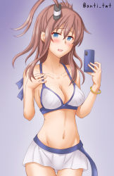 Rule 34 | 1girl, anti (untea9), bikini, bikini skirt, blue background, blue eyes, breasts, brown hair, cellphone, cleavage, commentary request, cowboy shot, gradient background, hair between eyes, highres, holding, holding phone, kantai collection, large breasts, long hair, looking at viewer, phone, ponytail, saratoga (kancolle), side ponytail, sidelocks, solo, swimsuit, white bikini