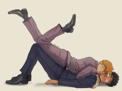 Rule 34 | 2boys, black hair, blonde hair, blue suit, blush, buttoned cuffs, cheek-to-cheek, chin rest, couple, draw your fav ship like this (meme), facial hair, formal, grey jacket, grey pants, grey suit, hand on another&#039;s shoulder, head on head, head rest, heads together, highres, hug, jacket, kentret, knees together feet apart, knees up, long sleeves, lying on person, male focus, meme, mob psycho 100, multiple boys, nose blush, on person, pants, reigen arataka, serizawa katsuya, short hair, smile, stubble, suit, yaoi