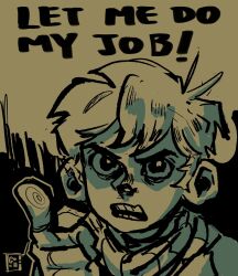 Rule 34 | 1boy, annoyed, chilchuck tims, dungeon meshi, english text, frown, gochistica, halfling, highres, looking at viewer, male focus, monochrome, pointing, pointing at viewer, portrait, sanpaku, short hair, solo, speech bubble