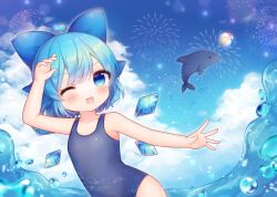 Rule 34 | 1girl, ahoge, animal, bare arms, bare shoulders, black one-piece swimsuit, blue bow, blue eyes, blue hair, blush, bow, cirno, coa (chroo x), collarbone, detached wings, dolphin, fairy, hair between eyes, hair bow, ice, ice wings, one-piece swimsuit, one eye closed, open mouth, school swimsuit, short hair, smile, solo, swimsuit, touhou, upper body, water, wings