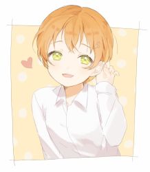 Rule 34 | 10s, 1girl, :d, adjusting hair, bad id, bad twitter id, blush, collared shirt, flower, green eyes, hair ornament, hairclip, hairpin, heart, hoshizora rin, long sleeves, looking at viewer, love live!, love live! school idol project, marin (myuy 3), open mouth, orange hair, polka dot, polka dot background, shirt, short hair, simple background, smile, solo, upper body, white shirt, yellow background