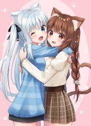 Rule 34 | 2girls, :d, animal ear fluff, animal ears, anz32, bad id, bad pixiv id, black bow, blue eyes, blush, bow, braid, breasts, brown eyes, brown hair, brown skirt, cat ears, cat girl, cat tail, commentary request, cowboy shot, fang, flower, hair between eyes, hair bow, hair flower, hair ornament, hug, juliet sleeves, long hair, long sleeves, multiple girls, open mouth, original, pink background, pink flower, plaid, plaid skirt, puffy sleeves, shirt, silver hair, skirt, small breasts, smile, striped clothes, striped shirt, tail, tail raised, twin braids, twintails, twitter username, two-tone background, very long hair, white shirt
