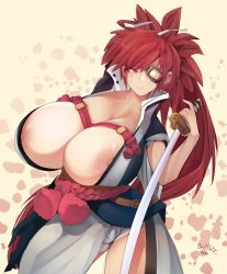Rule 34 | 1girl, absurdres, baiken, besthetz, breasts, cleavage, clothes, eyepatch, female focus, guilty gear, highres, holding, holding sword, holding weapon, huge breasts, katana, large areolae, long hair, looking at viewer, nipple slip, nipples, red eyes, red hair, scar, scar across eye, scar on face, solo, sword, weapon