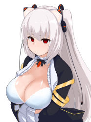 Rule 34 | animal ears, arms under breasts, black jacket, blush, bra, breasts, cleavage, collar, fake animal ears, frilled sleeves, frills, hair between eyes, highres, jacket, large breasts, long hair, nora cat, nora cat channel, nose blush, open clothes, open shirt, red eyes, simple background, twintails, underwear, varitora, virtual youtuber, white background, white bra, white hair, wide sleeves