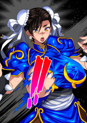 Rule 34 | 1girl, breasts, brown eyes, brown hair, capcom, chinese clothes, chun-li, cleavage, female focus, highres, huge breasts, large breasts, open mouth, pantyhose, raisuta, short hair, street fighter, text focus, translation request