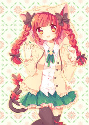 Rule 34 | 1girl, alternate costume, animal ears, bad id, bad pixiv id, black thighhighs, bow, braid, cat ears, cat girl, cat tail, female focus, green nails, hair bow, hat, hat with ears, hood, hooded jacket, jacket, kaenbyou rin, long hair, long sleeve shirt, long sleeves, looking at viewer, nail polish, open clothes, open jacket, open mouth, pf, red eyes, red hair, ribbon, shirt, skirt, solo, tail, tail ornament, tail ribbon, thighhighs, touhou, twin braids, twintails, zettai ryouiki