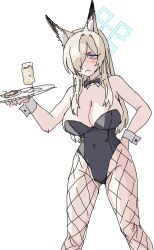 1girl :&lt; alcohol alternate_costume animal_ear_fluff animal_ears blonde_hair blue_archive blue_eyes blue_halo bow bowtie dog_ears drink fishnets halo highres kanna_(blue_archive) leotard long_hair meal norinnn0 pantyhose plate playboy_bunny shirt simple_background standing white_shirt