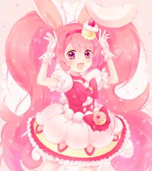 Rule 34 | 10s, 1girl, :d, animal ears, bow, rabbit ears, cake hair ornament, choker, cowboy shot, cure whip, dress, earrings, food-themed hair ornament, gloves, hair ornament, hairband, kashitani futaba, kirakira precure a la mode, long hair, looking at viewer, magical girl, open mouth, pink background, pink bow, pink eyes, pink hair, pink hairband, pink neckwear, pink theme, pom pom (clothes), pom pom earrings, precure, puffy sleeves, smile, solo, striped, striped background, twintails, usami ichika, white dress, white gloves