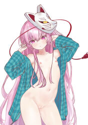 1girl arms_up blush breasts coat commentary_request fox_mask hata_no_kokoro highres long_hair looking_at_viewer mask mask_on_head naked_coat navel nipples nude pink_eyes pink_hair pussy simple_background small_breasts soara_shimomo solo touhou very_long_hair white_background