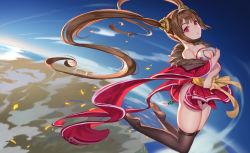 Rule 34 | 1girl, absurdres, azur lane, bare shoulders, black panties, black thighhighs, breasts, brown hair, cleavage, cleavage cutout, clothing cutout, detached sleeves, dress, earth (planet), full body, god hunter, hair ornament, highres, long hair, looking at viewer, medium breasts, open mouth, panties, ping hai (azur lane), planet, red eyes, short dress, skindentation, sleeveless, solo, thighhighs, thighs, twintails, underwear, wide sleeves