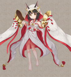 Rule 34 | 1girl, animal ear fluff, animal ears, azur lane, bare shoulders, barefoot, black hair, blush, closed mouth, commentary request, detached sleeves, ears through headwear, fox ears, full body, grey background, hair ornament, hairclip, headpiece, japanese clothes, kimono, long sleeves, looking at viewer, miko, mimikaki (men bow), nagato (azur lane), nagato (great fox&#039;s white gown) (azur lane), obi, ribbon-trimmed sleeves, ribbon trim, sash, sleeveless, sleeveless kimono, smile, solo, veil, white kimono, wide sleeves, x hair ornament, yellow eyes