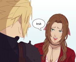 Rule 34 | 1boy, 1girl, aerith gainsborough, armor, blonde hair, breasts, brown hair, choker, cleavage, cloud strife, collarbone, english text, final fantasy, final fantasy vii, final fantasy vii remake, green eyes, hair ribbon, hanpetos, jacket, jewelry, medium breasts, necklace, open mouth, red jacket, ribbon, shirt, shoulder armor, smile, speech bubble, teeth, turtleneck