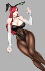 Rule 34 | 1girl, abs, absurdres, black leotard, black pantyhose, breasts, brown eyes, cleavage, clothing cutout, elbow gloves, emma pressure, erza scarlet, fairy tail, gloves, highres, huge breasts, large breasts, legs, leotard, long legs, mature female, pantyhose, playboy bunny, red hair, socks, solo, spread legs, stomach cutout, white gloves