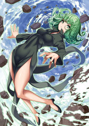 Rule 34 | 1girl, absurdres, black dress, black footwear, blue sky, closed mouth, covered navel, day, dress, flipped hair, floating, frown, full body, green eyes, green hair, high heels, highres, impossible clothes, impossible dress, long sleeves, looking at viewer, matching hair/eyes, one-punch man, open \m/, rock, shoes, short hair, side slit, sky, solo, spiral, takanashi-a, tatsumaki, telekinesis