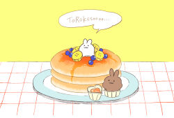 Rule 34 | :3, banana, banana slice, black eyes, blueberry, closed mouth, commentary request, food, food focus, fruit, grid background, heart, highres, ice cream, maple syrup, no humans, original, pancake, pancake stack, plate, rabbit, romaji text, shadow, smile, solid circle eyes, speech bubble, tablecloth, two-tone background, umibird, white background, yellow background