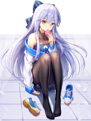 Rule 34 | 1girl, bare shoulders, black pantyhose, black skirt, blue bow, blue footwear, blue shirt, blush, bow, breasts, closed mouth, collarbone, commentary request, covered collarbone, diagonal stripes, food, full body, hair between eyes, hair bow, hand up, highres, holding, holding food, jacket, knees up, long hair, long sleeves, looking at viewer, macaron, nose blush, off shoulder, original, pantyhose, pleated skirt, ririko (zhuoyandesailaer), saegusa riko, see-through, shirt, shoes, unworn shoes, silver hair, sitting, skirt, sleeveless, sleeveless shirt, sleeves past wrists, small breasts, solo, striped, striped bow, tongue, tongue out, very long hair, watermark, white jacket, yellow eyes