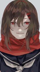 Rule 34 | 1girl, 510 gotoudayo, ahoge, black serafuku, brown hair, character name, closed mouth, copyright name, grey background, hair ornament, hair over one eye, hairclip, highres, kagerou project, long hair, looking at viewer, portrait, red eyes, scarf, school uniform, serafuku, simple background, smile, solo, tateyama ayano, white scarf
