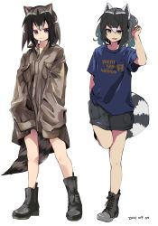 Rule 34 | 1girl, alternate costume, animal ears, black hair, black shorts, blue shirt, boots, brown jacket, casual, commentary request, common raccoon (kemono friends), grey hair, highres, jacket, kemono friends, long sleeves, multicolored hair, multiple views, nanana (nanana iz), raccoon ears, raccoon girl, raccoon tail, shirt, short hair, short sleeves, shorts, standing, standing on one leg, t-shirt, tail
